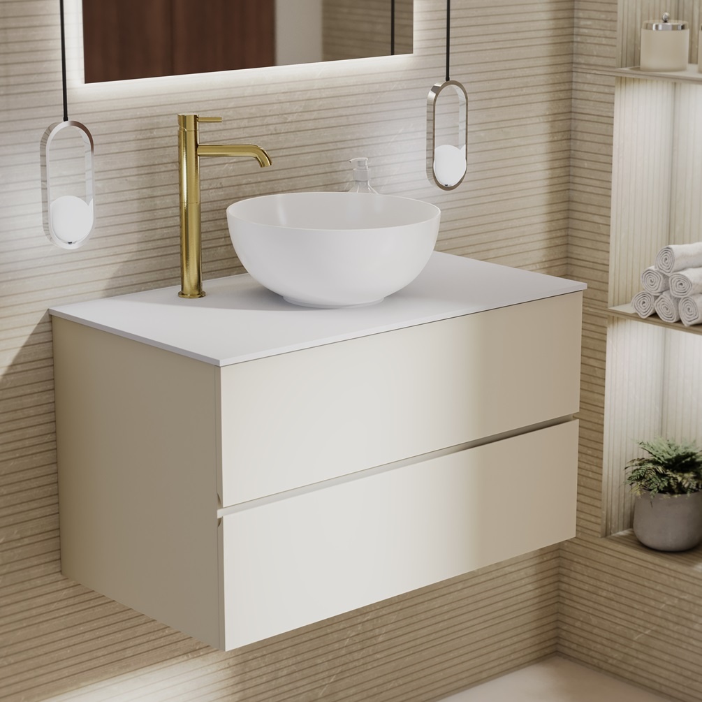 Product lifestyle image of Zero Sahara Silk 800mm Double Drawer Wall Hung Vanity Unit and Matt White Worktop 1042-BL1167C-L055K